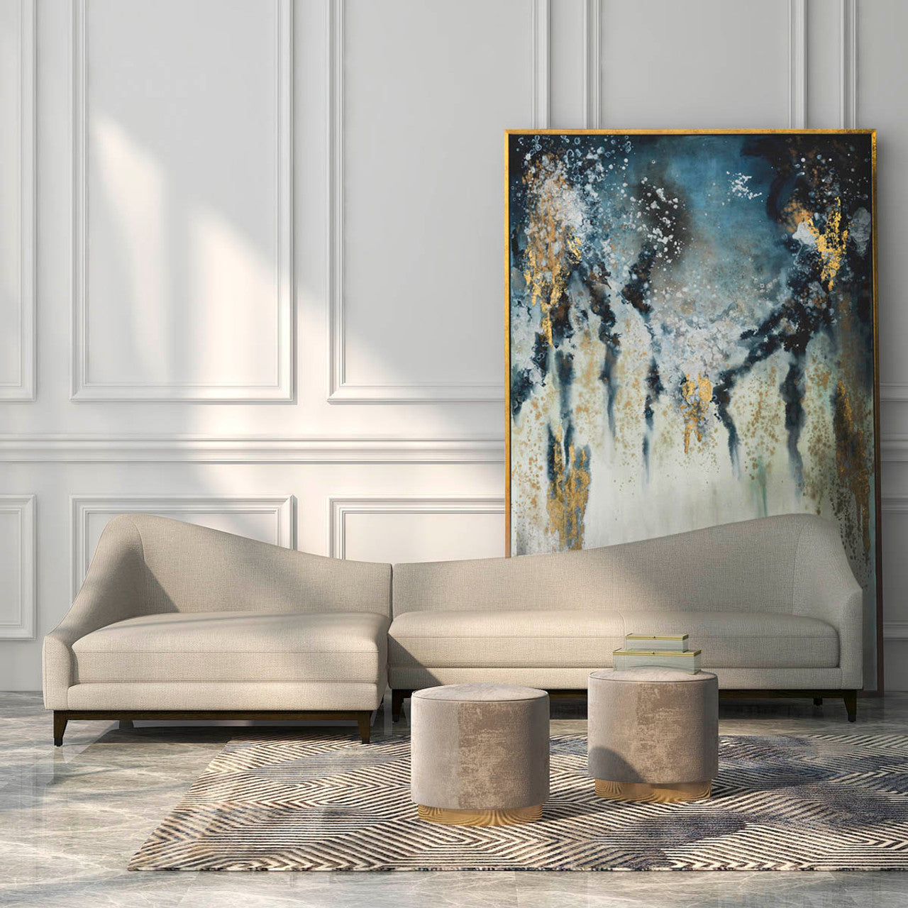 Hand Painted Abstract Oil Gold/Aqua Drip Canvas