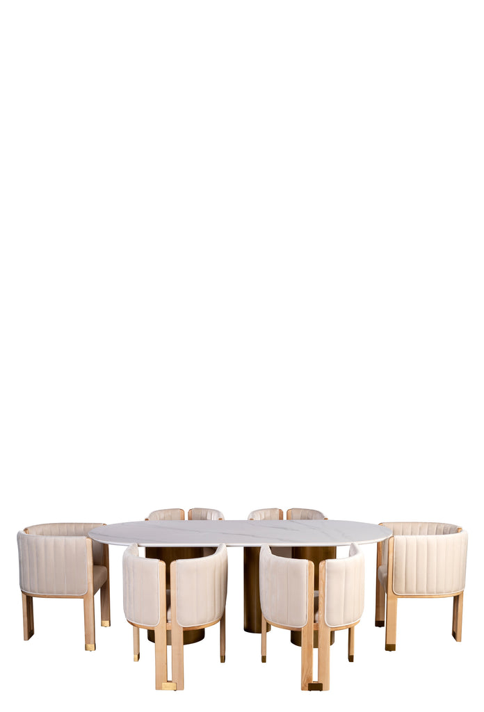 SLATE STONE TOP OVAL DINING TABLE FOR 6 IN GOLD AND WHITE