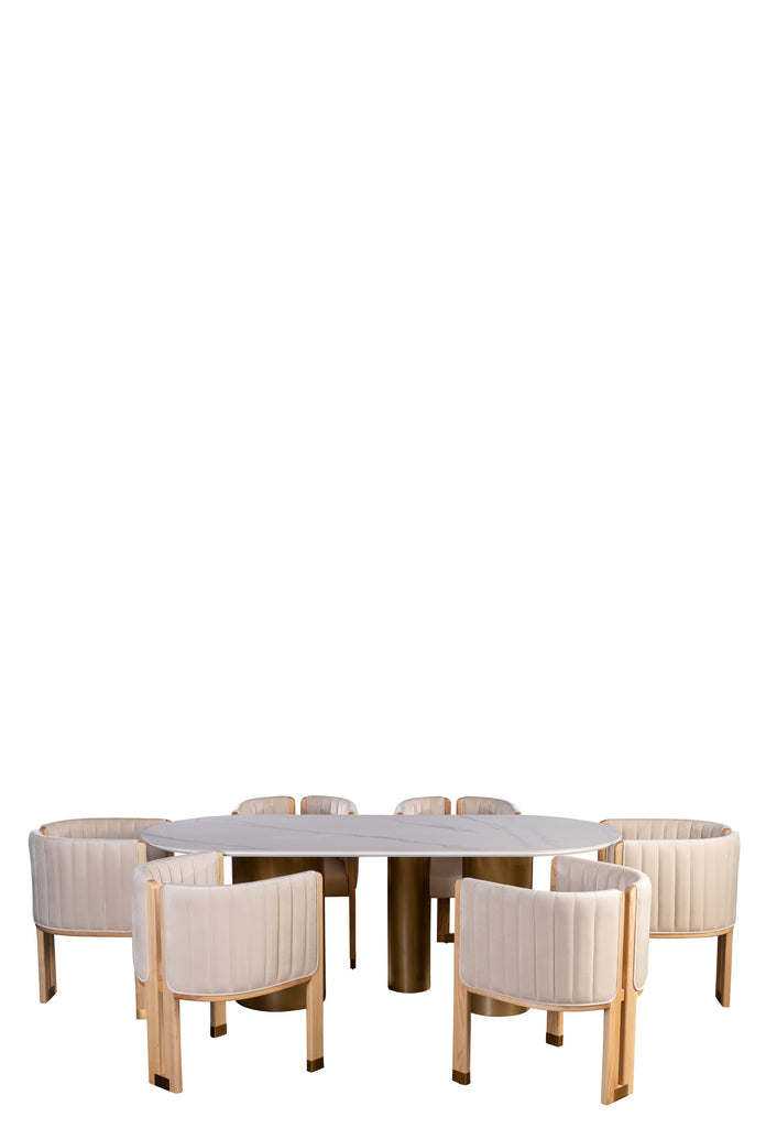 SLATE STONE TOP OVAL DINING TABLE FOR 6 IN GOLD AND WHITE