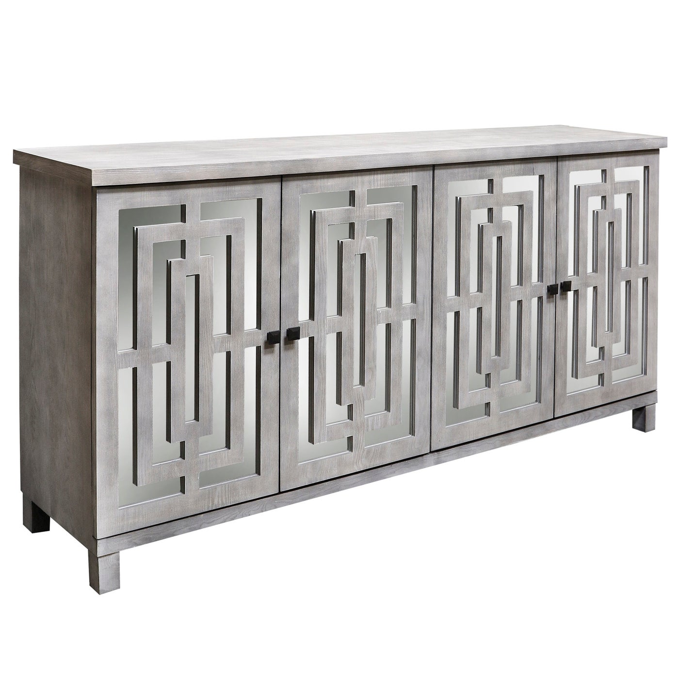 ABBOTT SIDEBOARD | Gray Wash Finish on Hardwood with Plain Finish Beveled Mirror | 4 Door