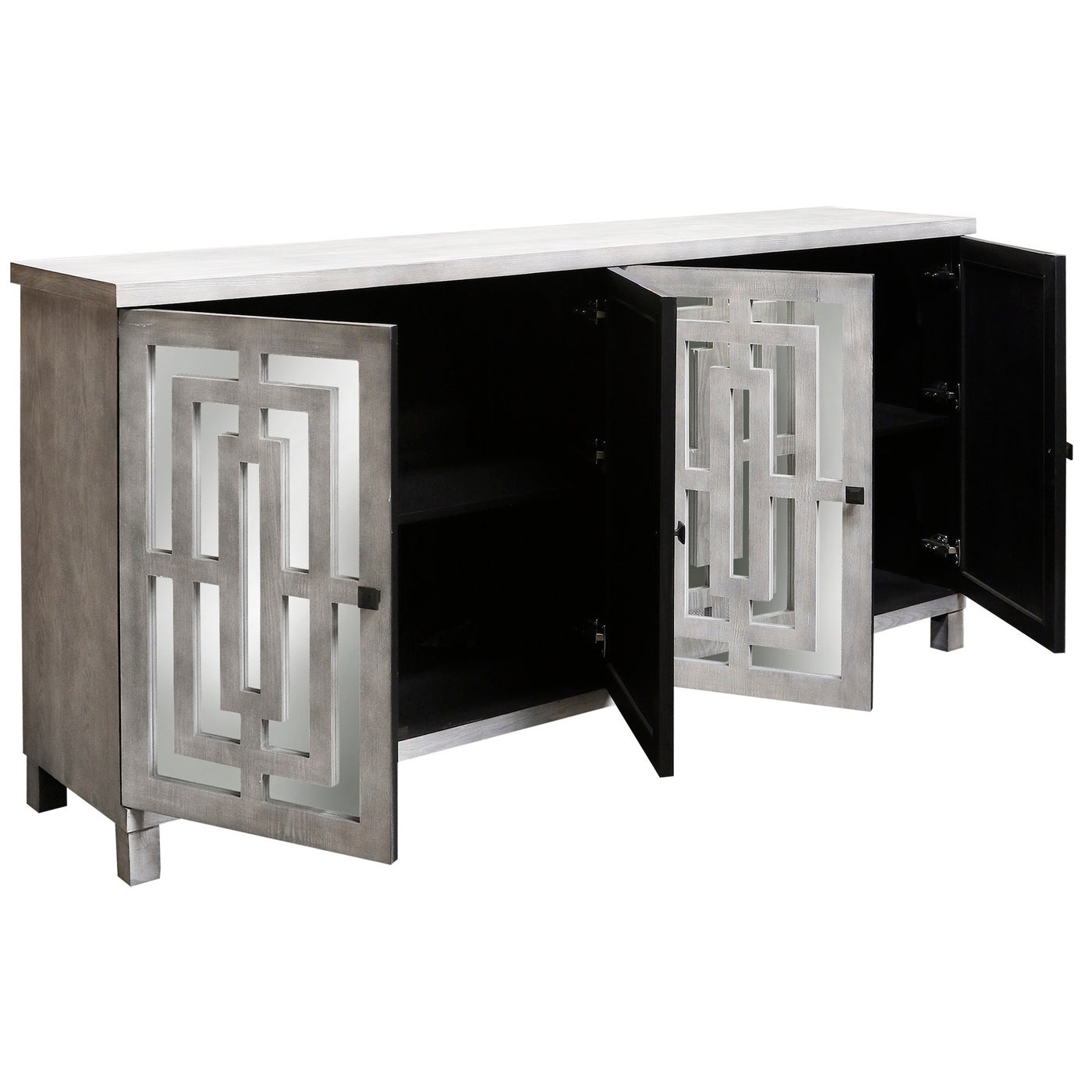 ABBOTT SIDEBOARD | Gray Wash Finish on Hardwood with Plain Finish Beveled Mirror | 4 Door