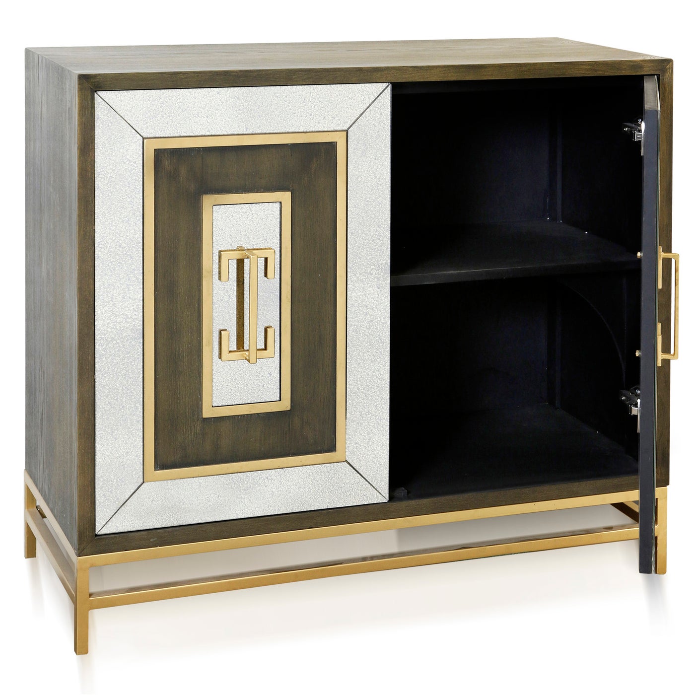 JAMISON CABINET | Dark Walnut Finish on Hardwood with Antique Mirror and Antique Brass Metal | 2 Doo