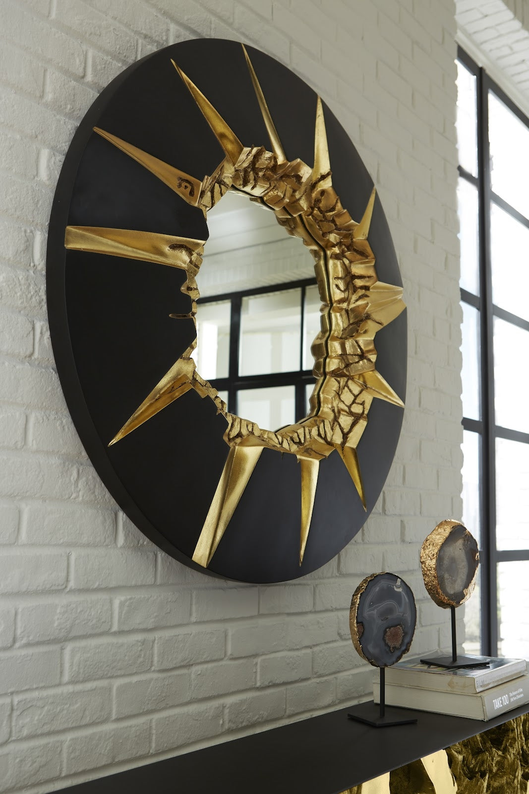 Circular Cracked Black and Gold Mirror