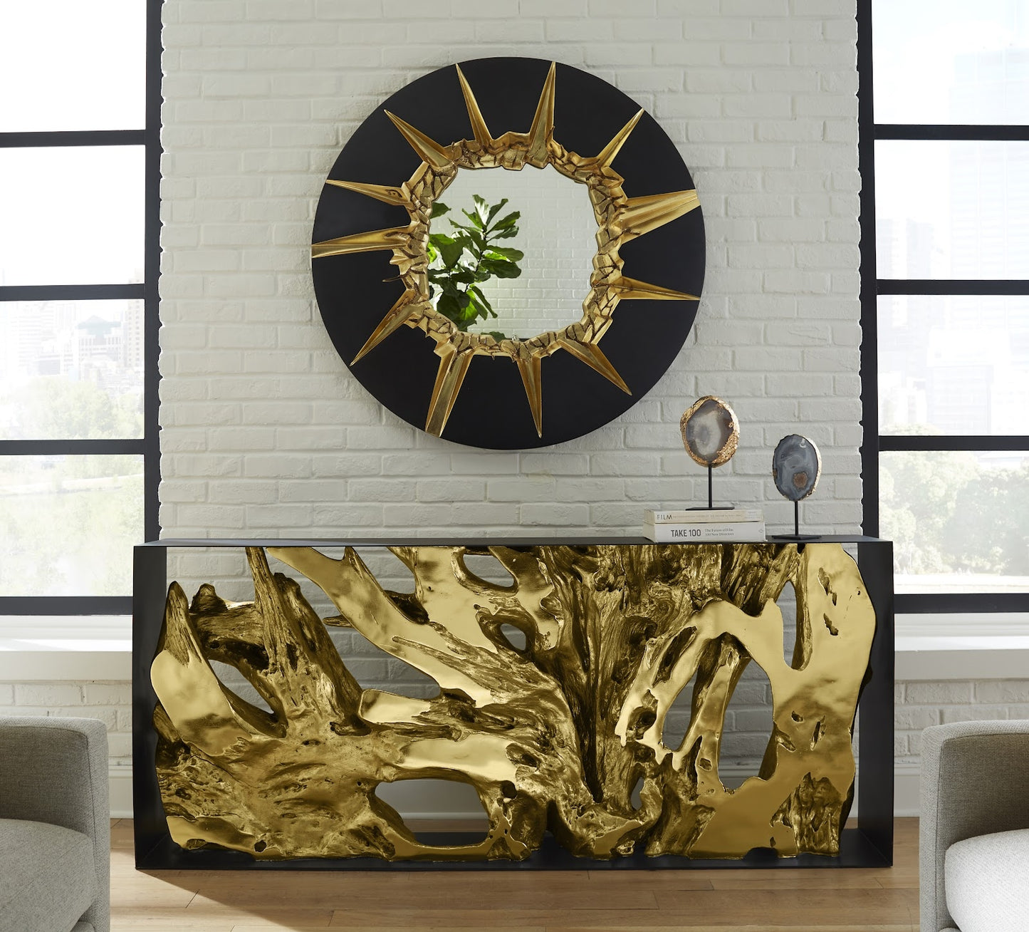 Circular Cracked Black and Gold Mirror