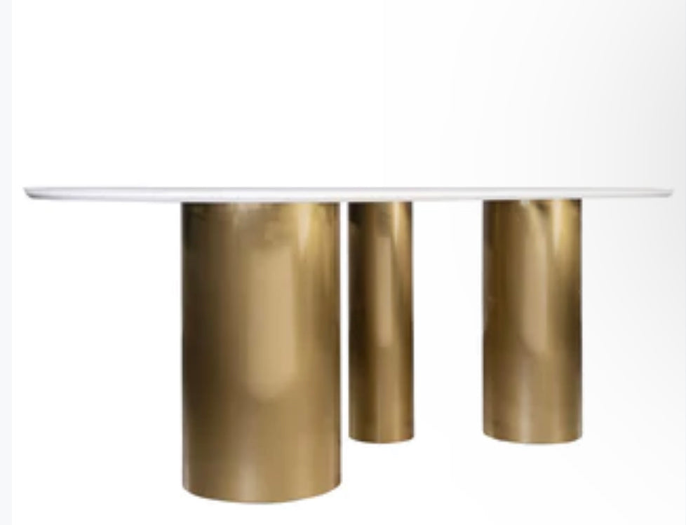 SLATE STONE TOP OVAL DINING TABLE FOR 6 IN GOLD AND WHITE