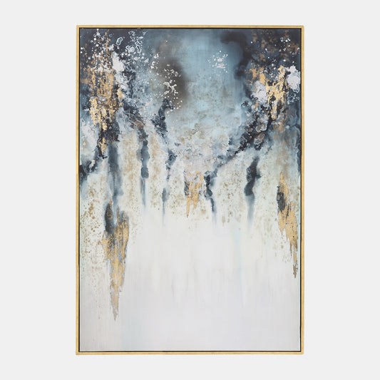 Hand Painted Abstract Oil Gold/Aqua Drip Canvas