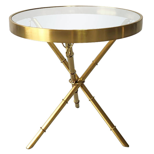 PORTOLA END TABLE | Brushed Gold Finish on Metal with Clear Glass Top