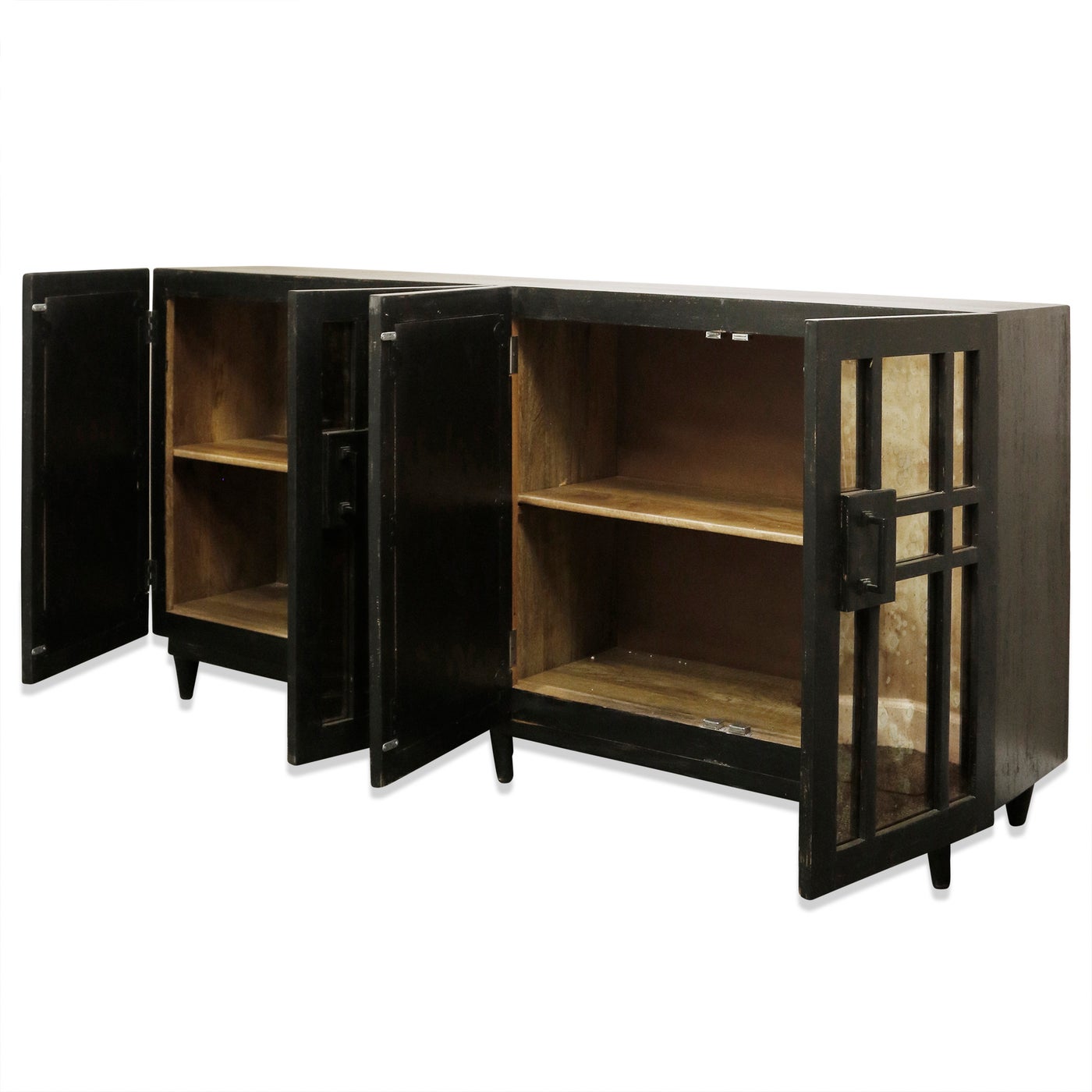 Sideboard | Four Antique Mirrored Doors | Matte Black Solid Mango Wood | 18in X 80in X 40in