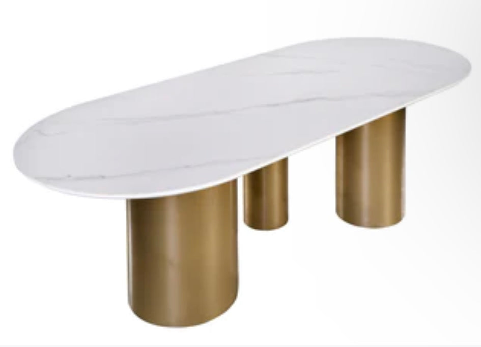 SLATE STONE TOP OVAL DINING TABLE FOR 6 IN GOLD AND WHITE