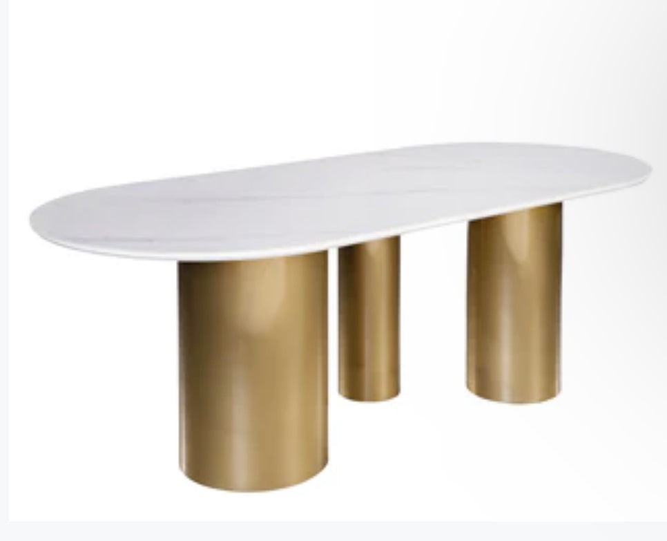 SLATE STONE TOP OVAL DINING TABLE FOR 6 IN GOLD AND WHITE